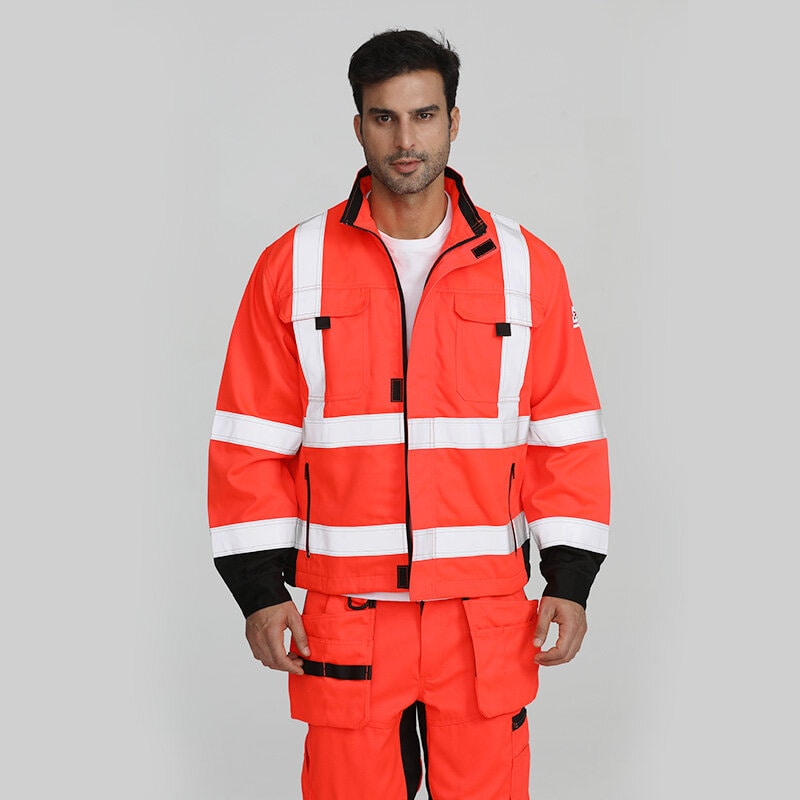 85%Polyester15%Cotton Orange Work Jacket With Reflective Stripes